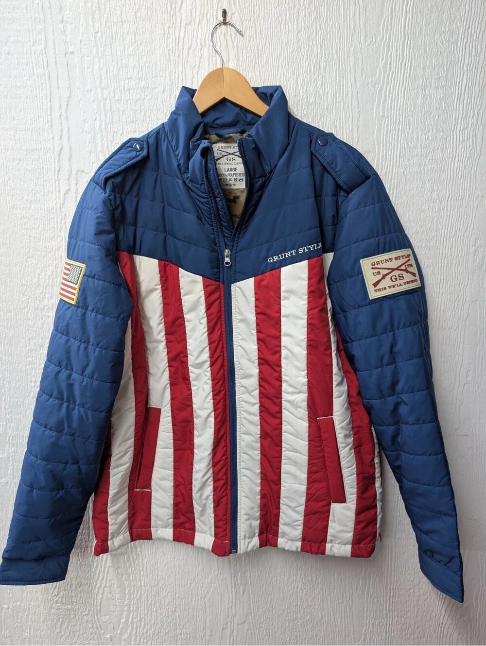 Grunt Style Puffer Jacket USA Flag Stripe Patriotic Camo Men's Size Large